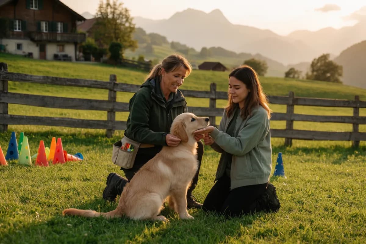 Hundetrainerin zeigt im Kurs, wie man einen Welpen fürs Sitzen belohnt